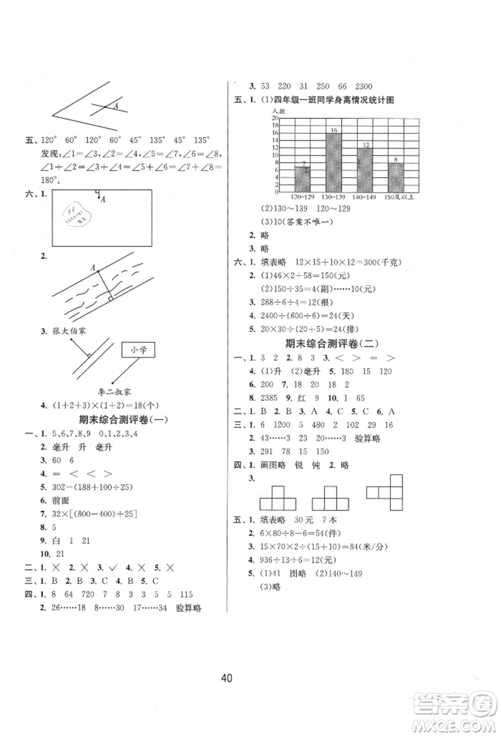 江蘇人民出版社2021年1課3練單元達(dá)標(biāo)測試四年級上冊數(shù)學(xué)蘇教版參考答案