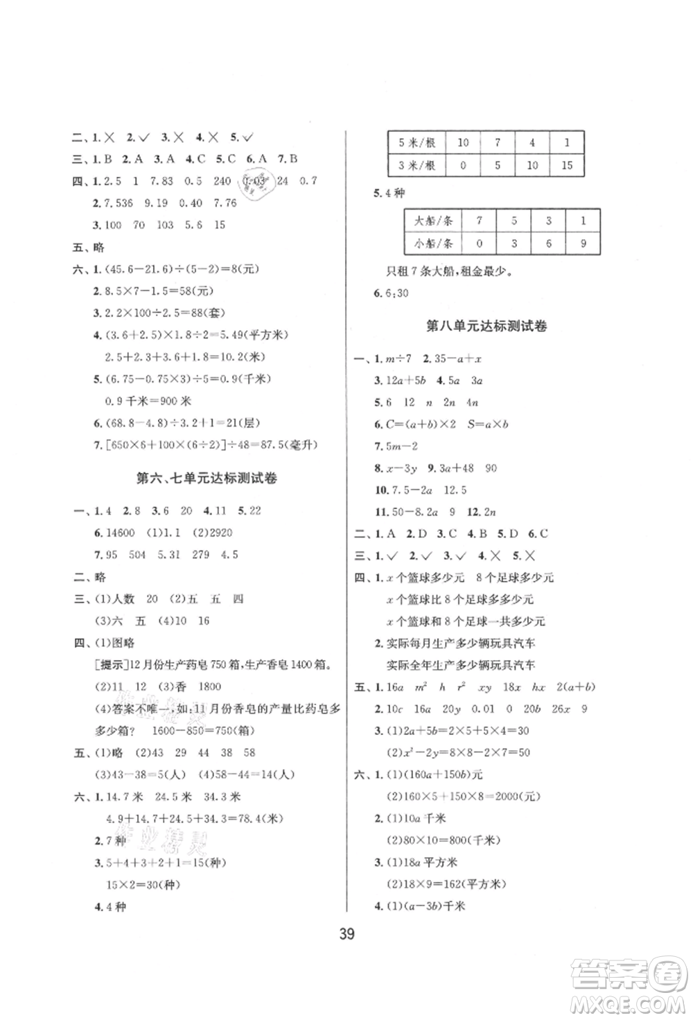 江蘇人民出版社2021年1課3練單元達(dá)標(biāo)測(cè)試五年級(jí)上冊(cè)數(shù)學(xué)蘇教版參考答案