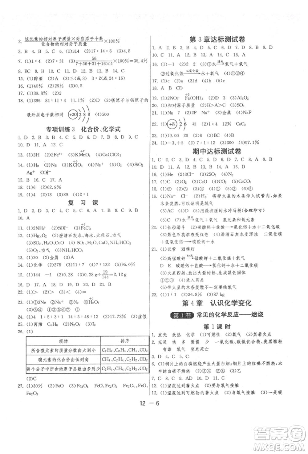 江蘇人民出版社2021年1課3練單元達(dá)標(biāo)測試九年級(jí)化學(xué)上冊(cè)滬教版參考答案