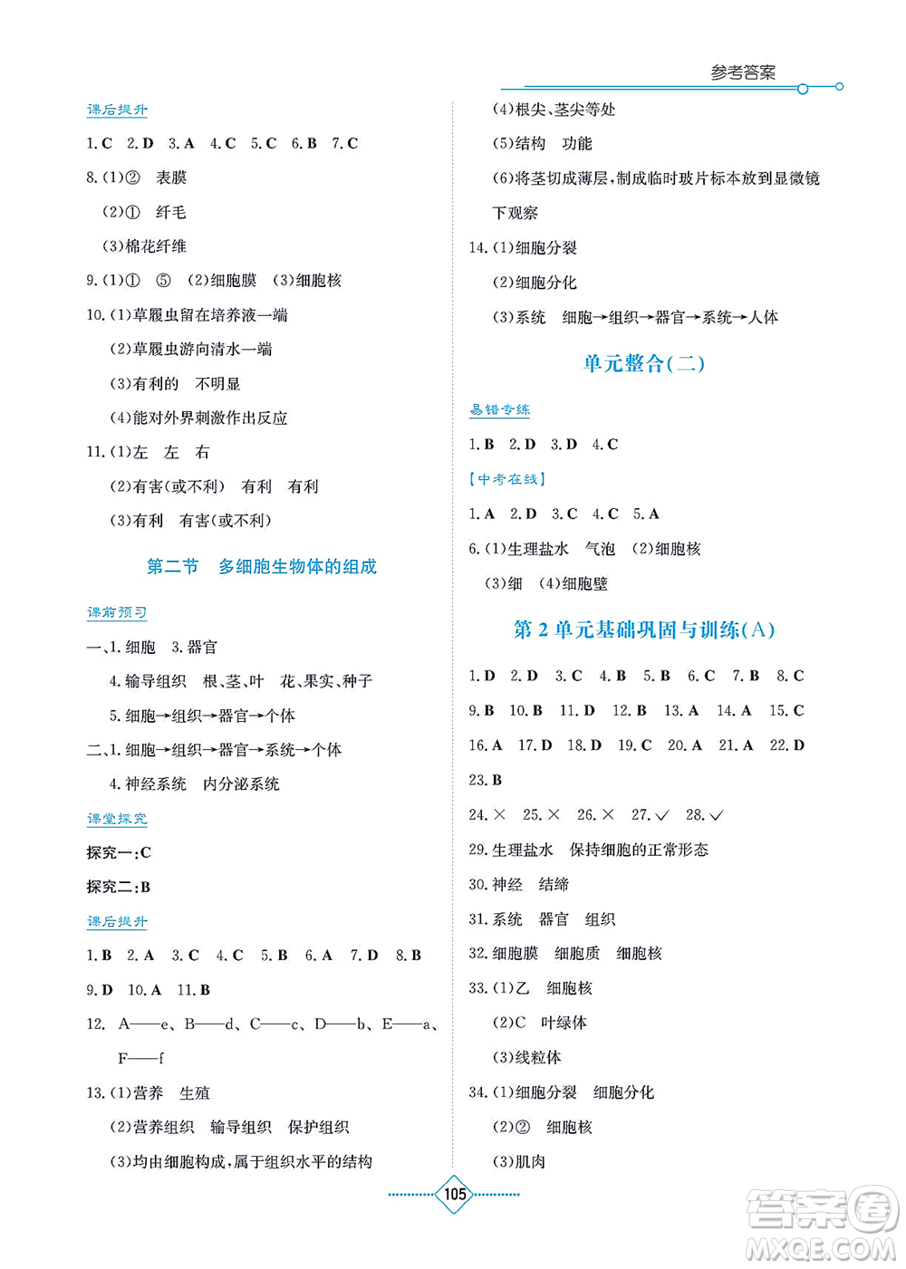 湖南教育出版社2021學(xué)法大視野七年級生物上冊蘇教版答案