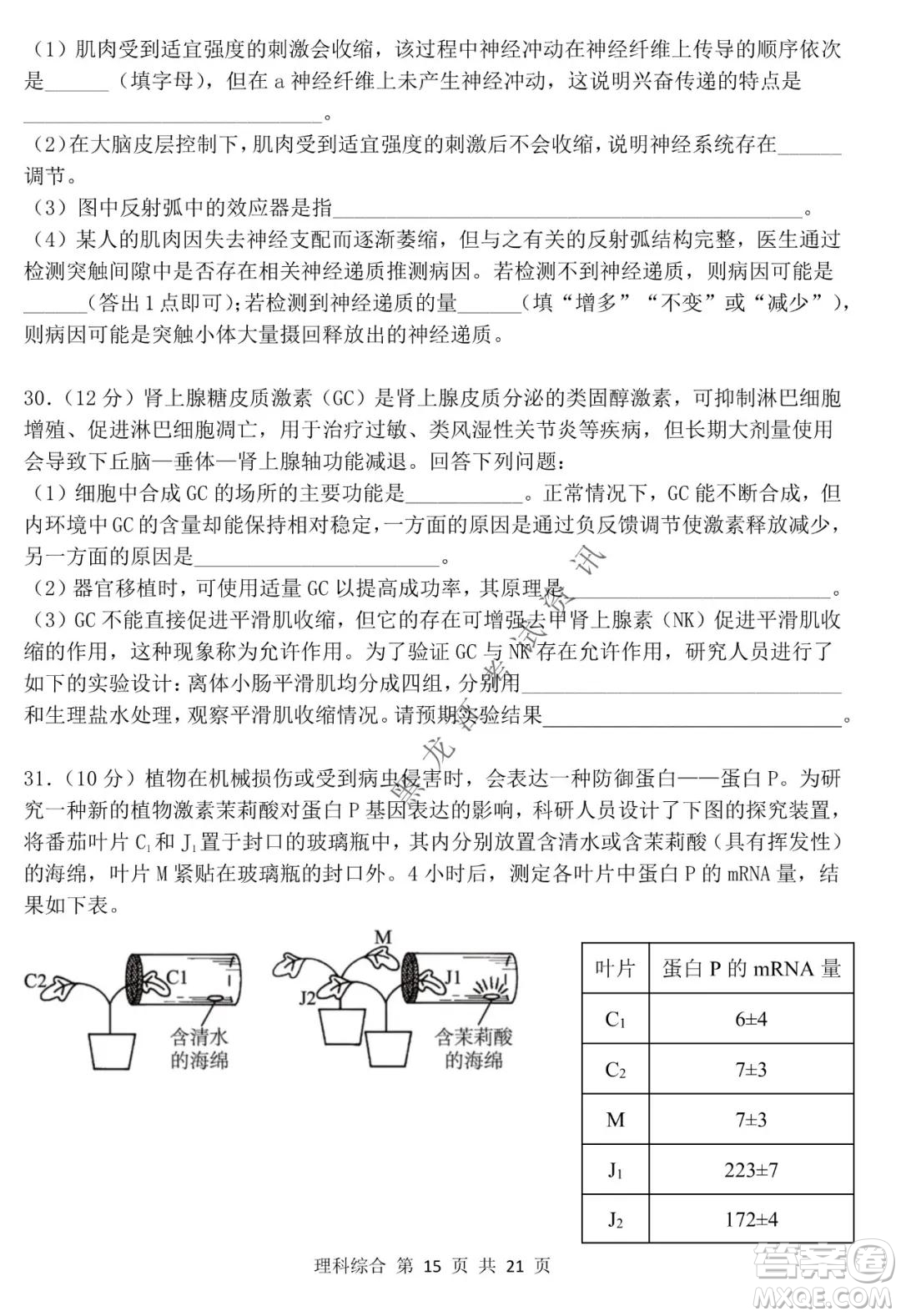 哈三中2021-2022學年高三上學期第四次驗收考試理科綜合試卷及答案