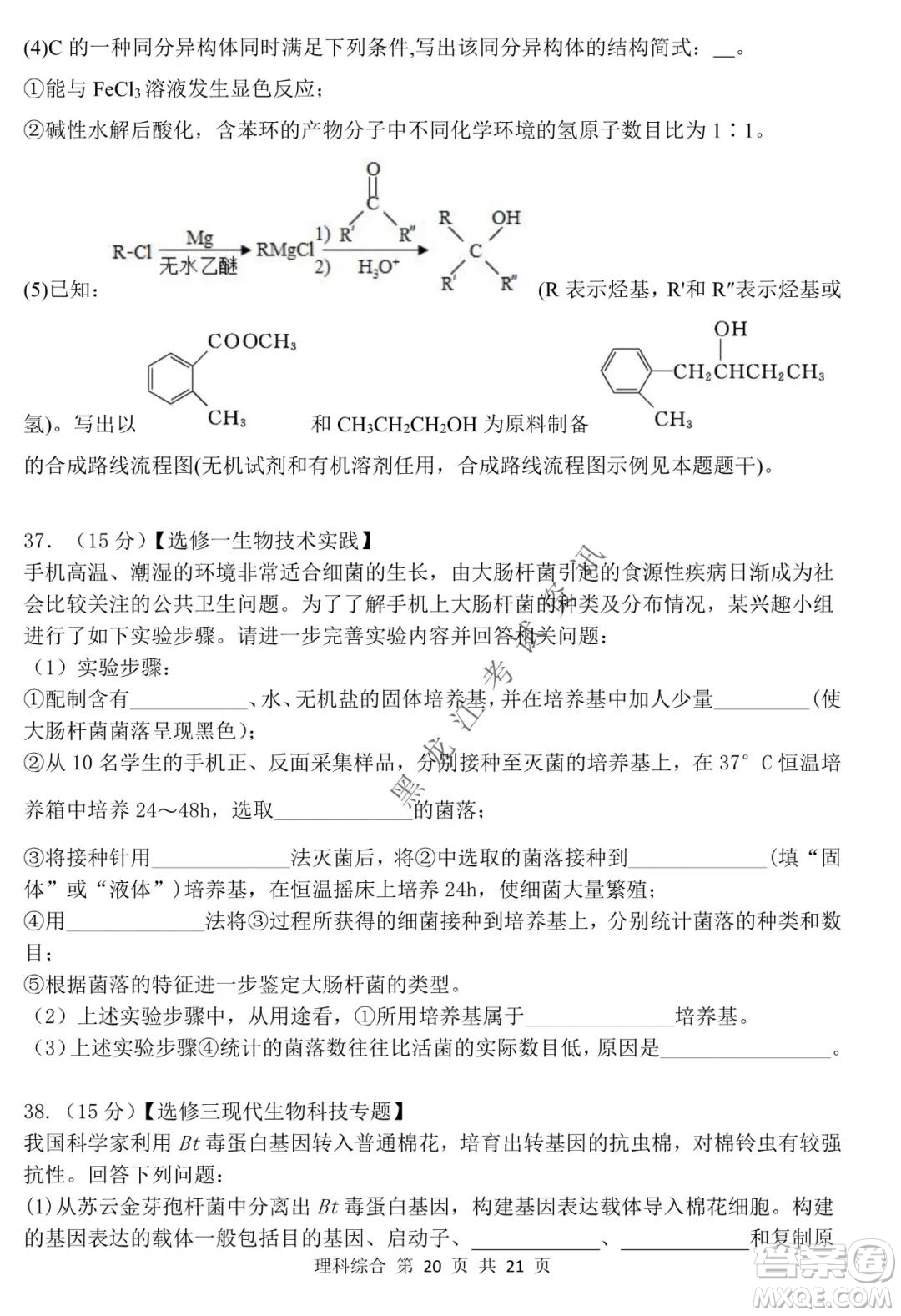 哈三中2021-2022學年高三上學期第四次驗收考試理科綜合試卷及答案