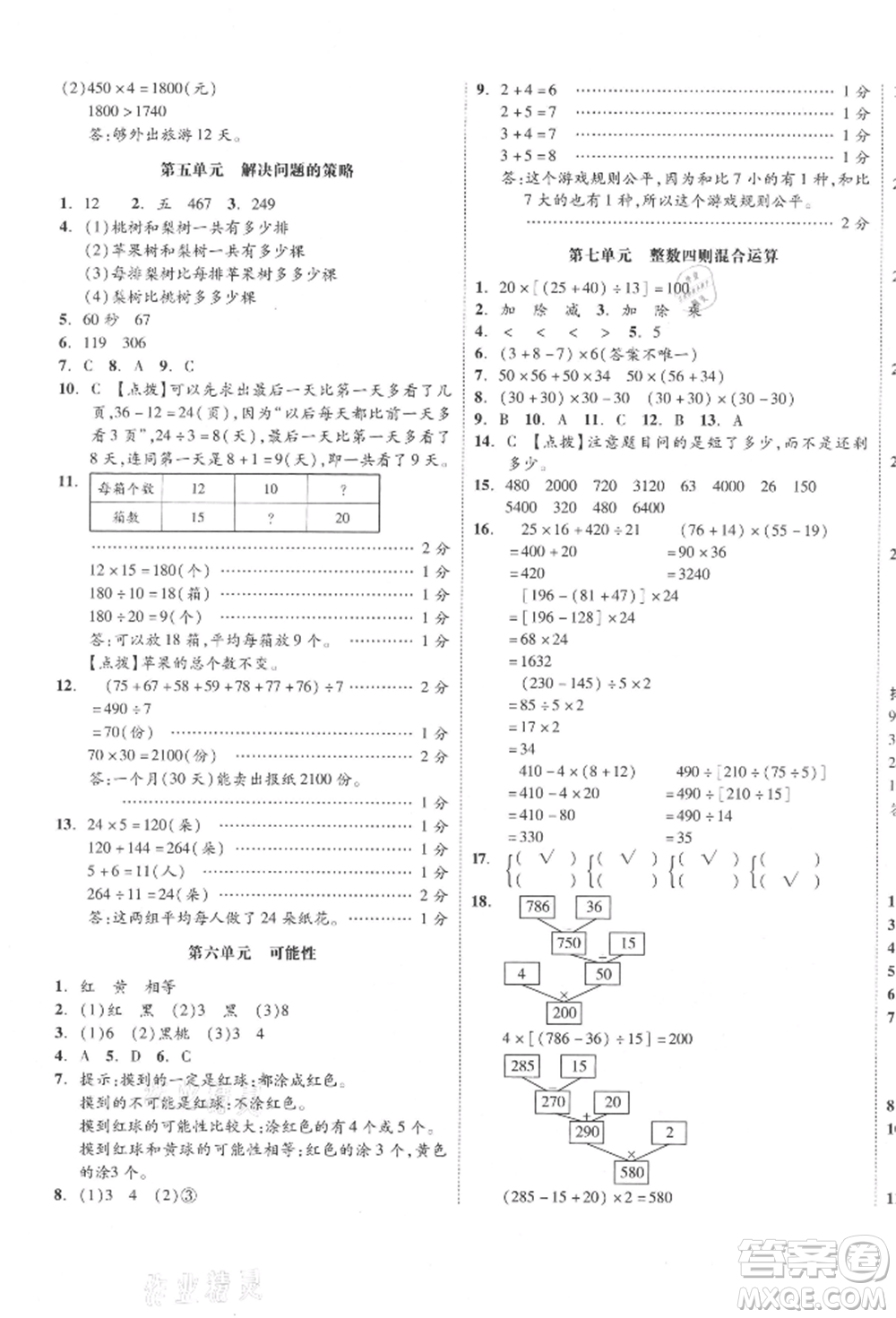 天津人民出版社2021全品小復(fù)習(xí)四年級(jí)數(shù)學(xué)上冊(cè)蘇教版江蘇專版參考答案