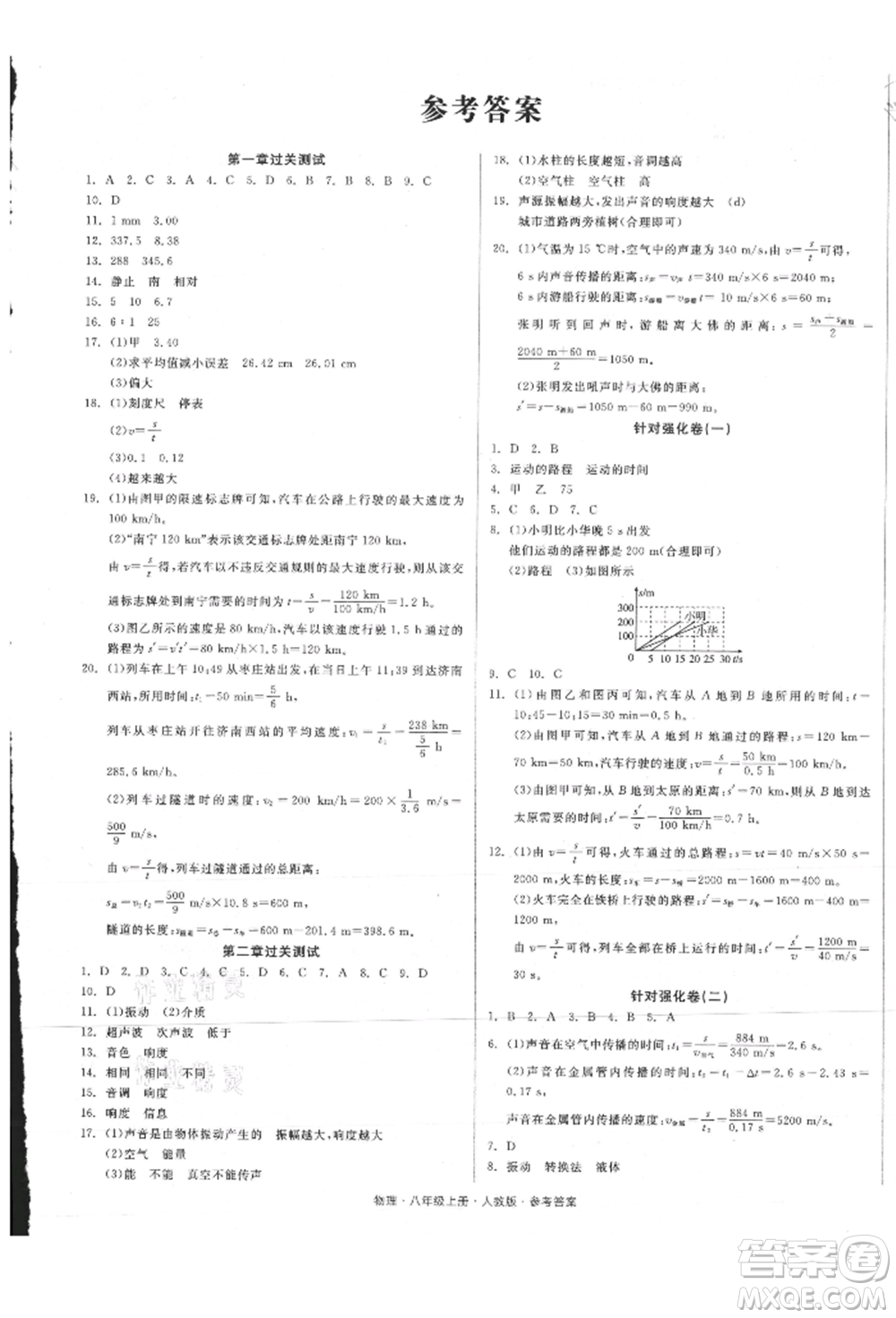 陽光出版社2021全品小復(fù)習(xí)八年級(jí)物理上冊(cè)人教版參考答案