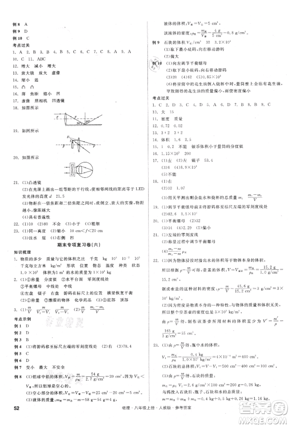 陽光出版社2021全品小復(fù)習(xí)八年級(jí)物理上冊(cè)人教版參考答案