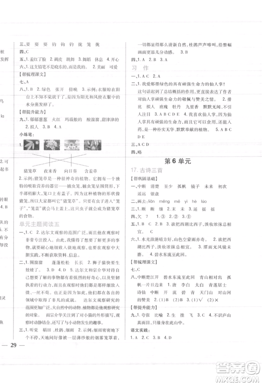 吉林人民出版社2021小學(xué)題幫三年級(jí)語文上冊(cè)人教版參考答案