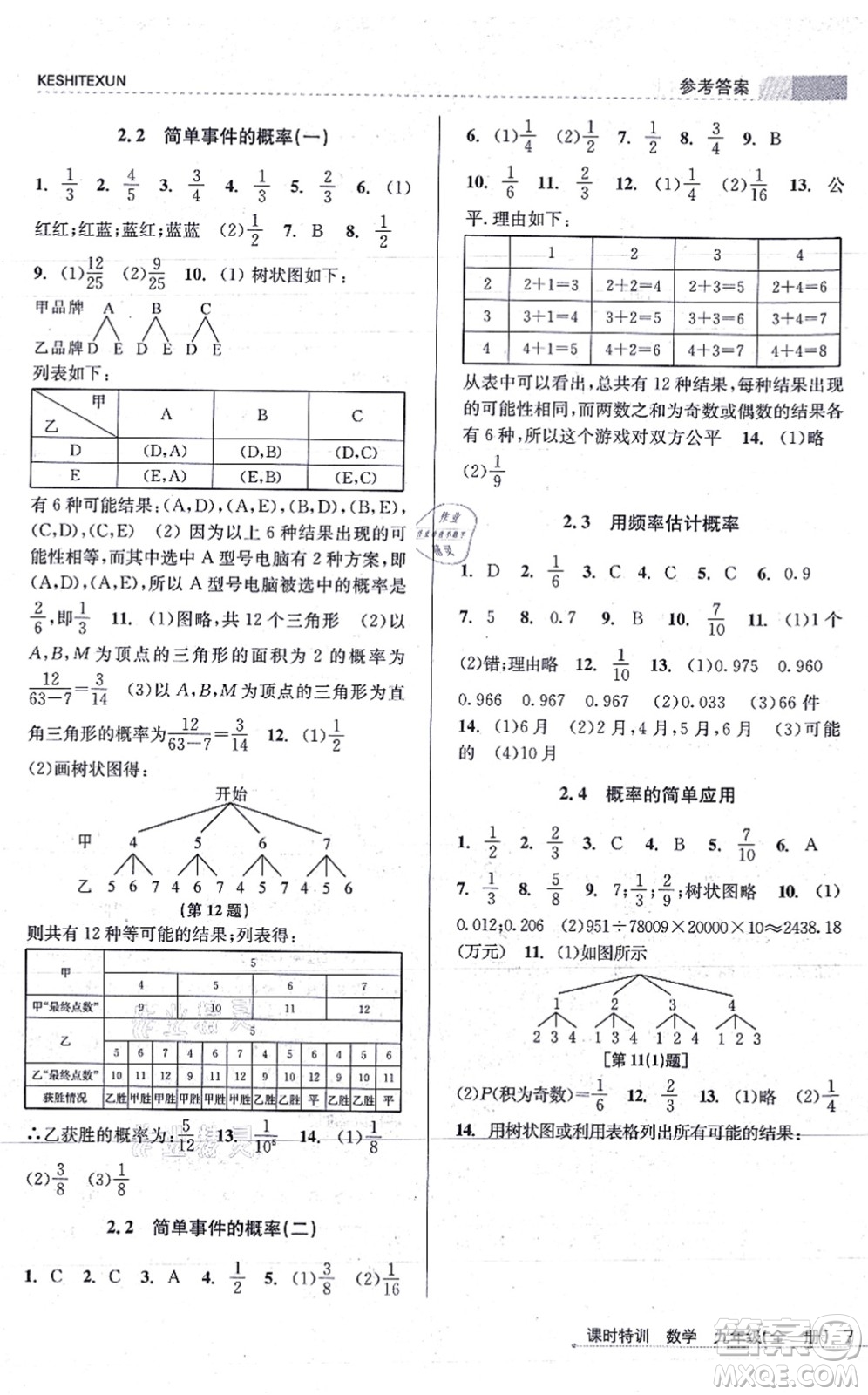 浙江人民出版社2021課時(shí)特訓(xùn)九年級(jí)數(shù)學(xué)全一冊(cè)Z浙教版答案