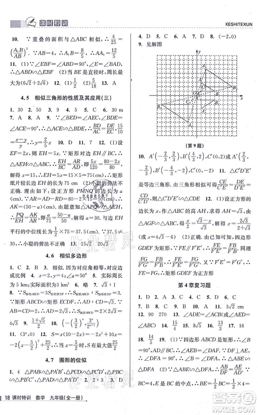 浙江人民出版社2021課時(shí)特訓(xùn)九年級(jí)數(shù)學(xué)全一冊(cè)Z浙教版答案