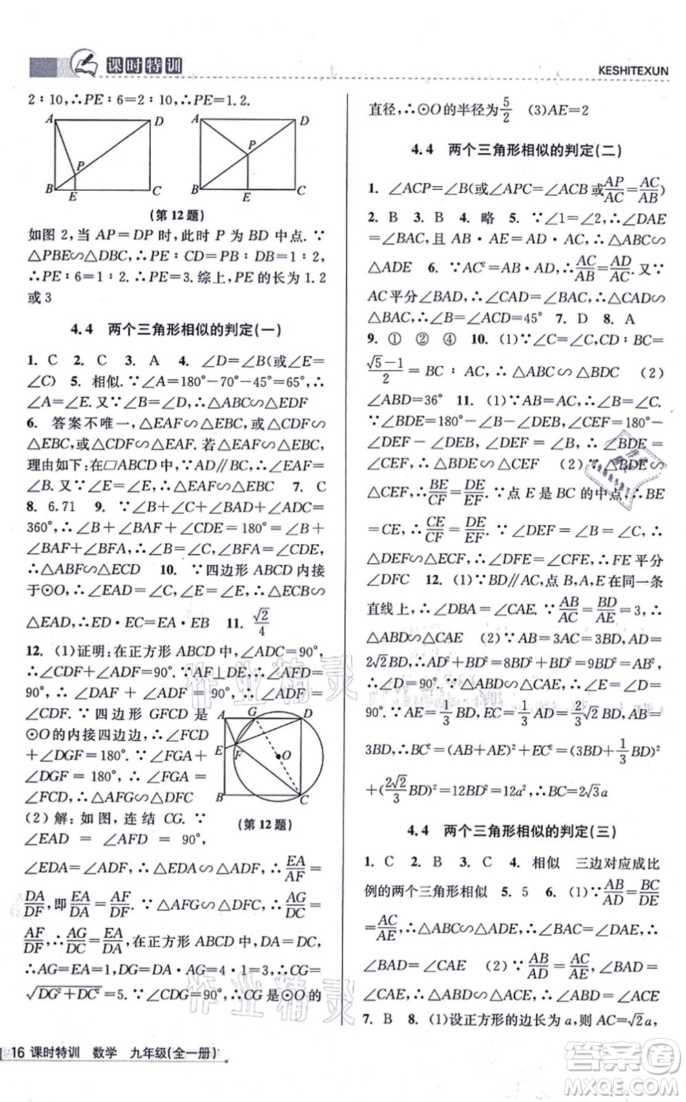 浙江人民出版社2021課時(shí)特訓(xùn)九年級(jí)數(shù)學(xué)全一冊(cè)Z浙教版答案