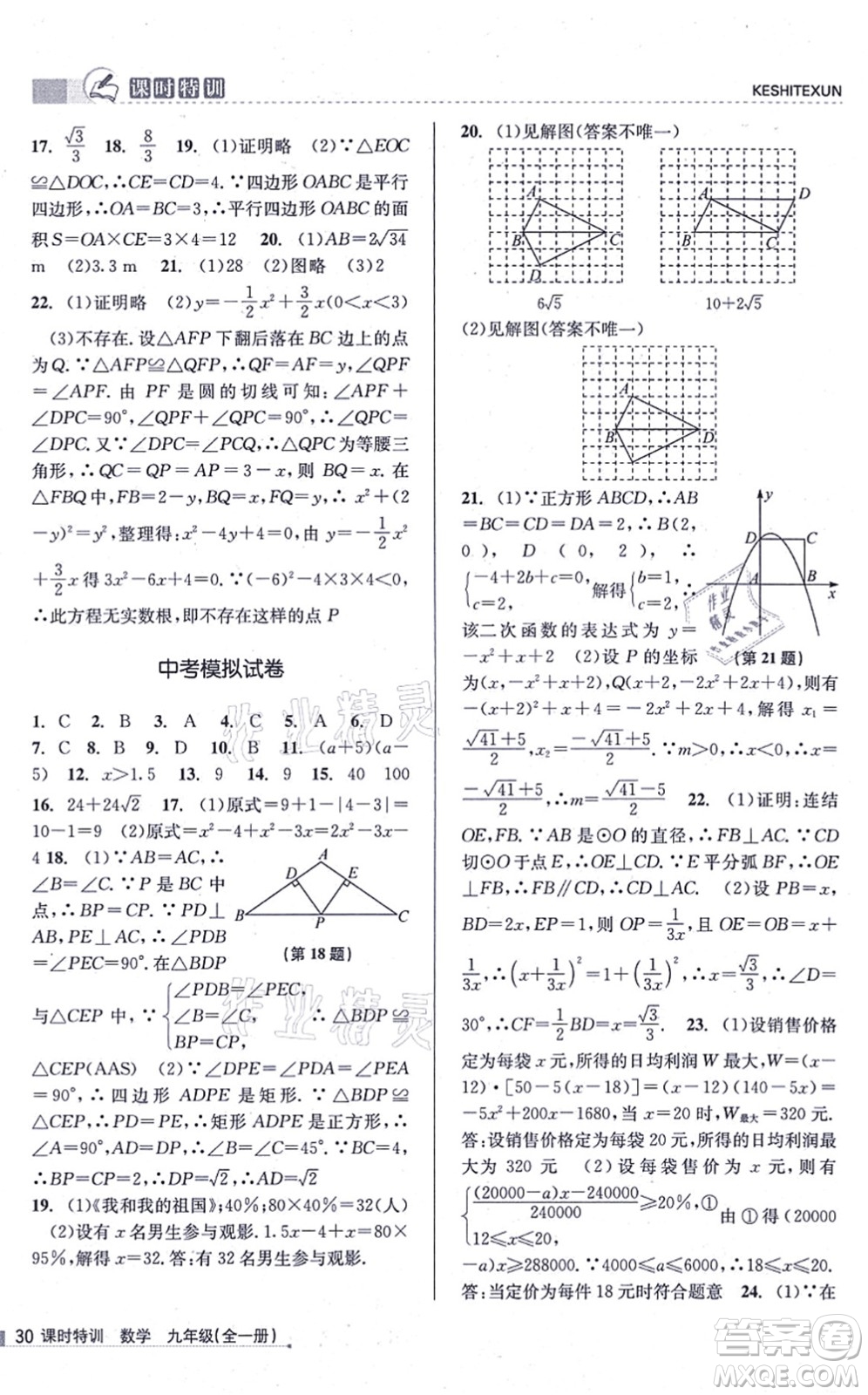 浙江人民出版社2021課時(shí)特訓(xùn)九年級(jí)數(shù)學(xué)全一冊(cè)Z浙教版答案