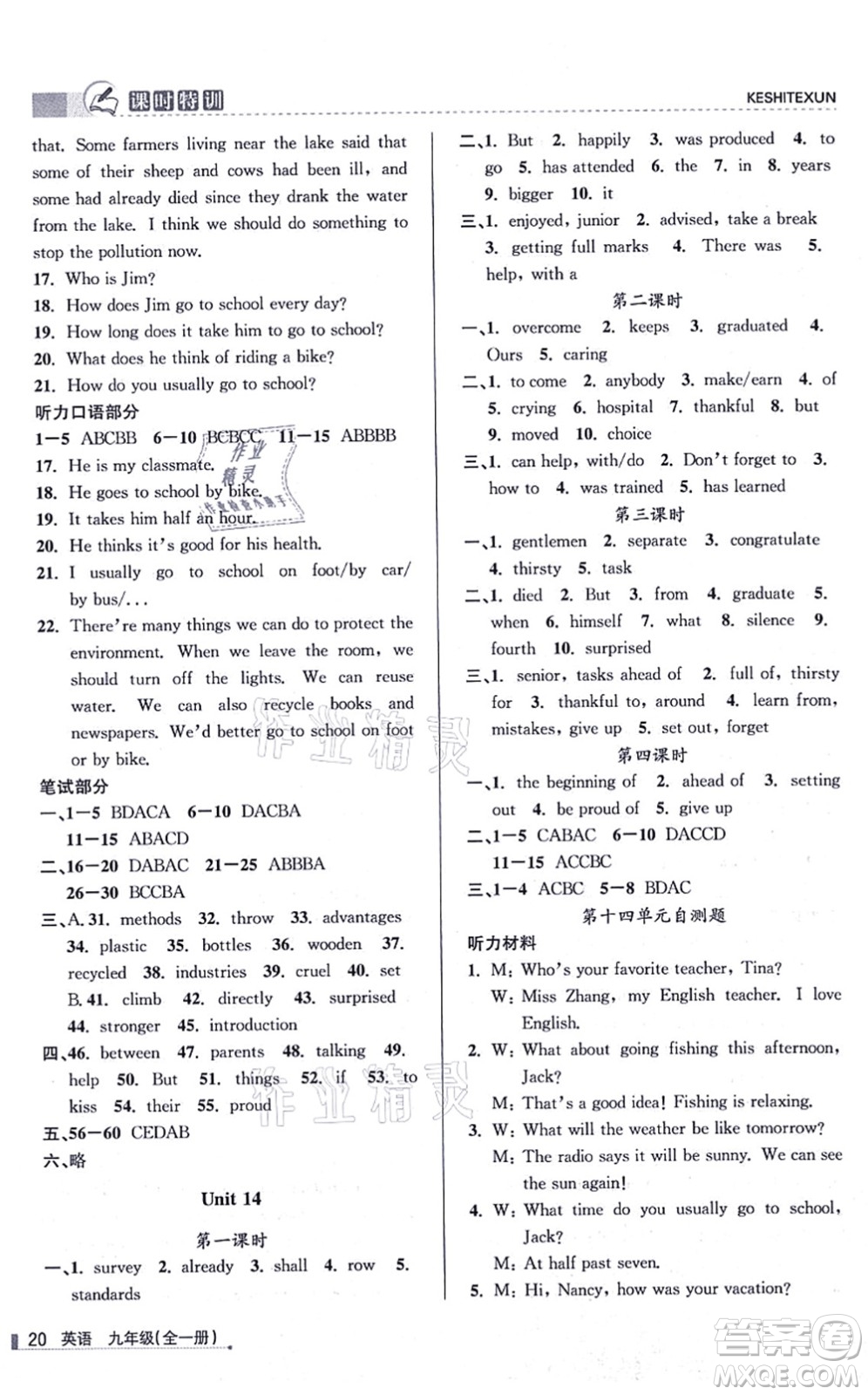 浙江人民出版社2021課時特訓九年級英語全一冊R人教版答案