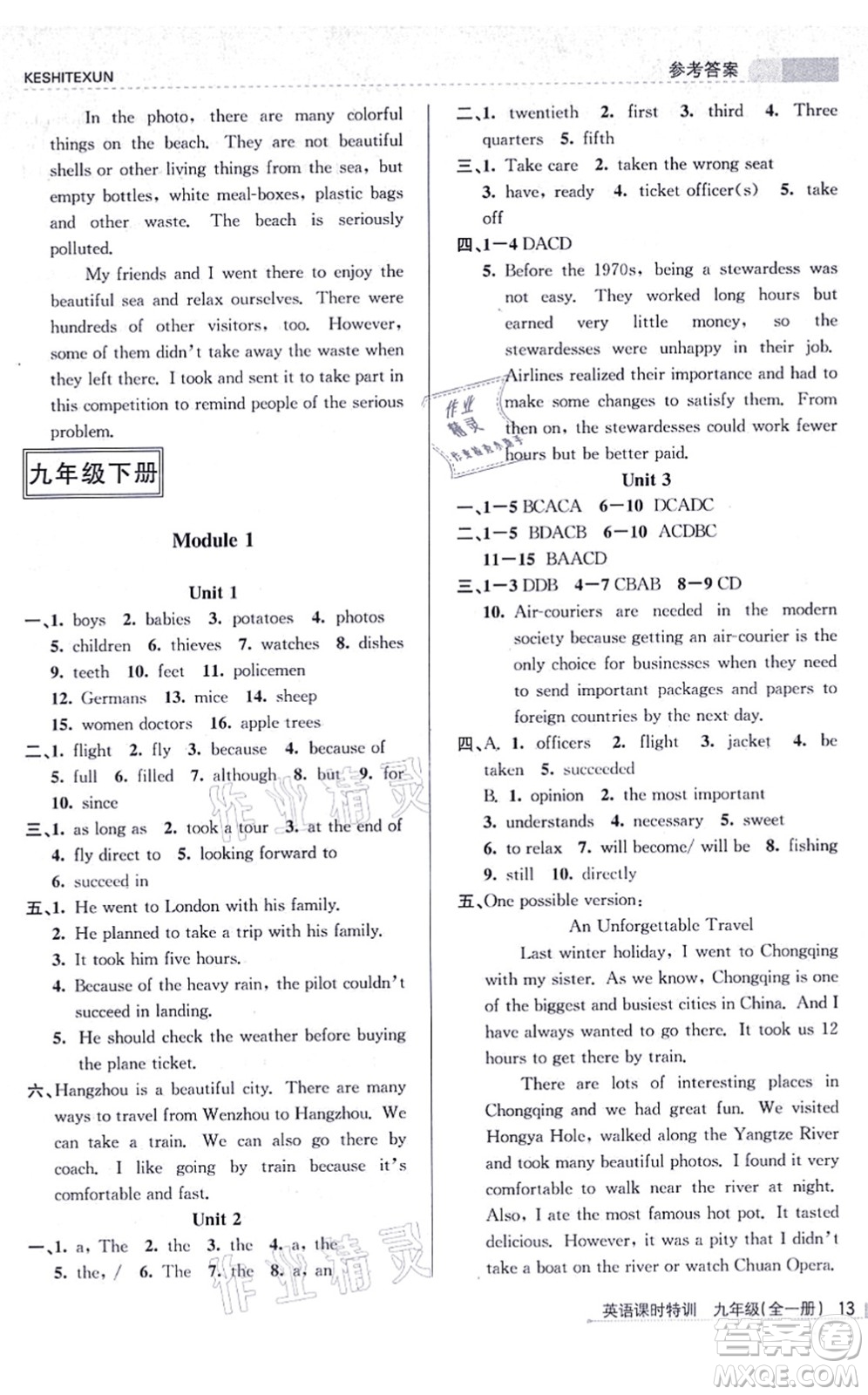 浙江人民出版社2021課時(shí)特訓(xùn)九年級(jí)英語(yǔ)全一冊(cè)W外研版答案