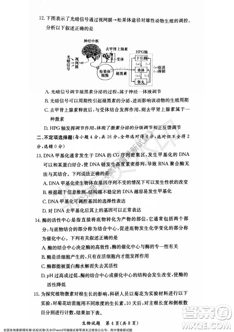 湖南名校聯(lián)考聯(lián)合體2021年秋季高二12月大聯(lián)考生物試題及答案