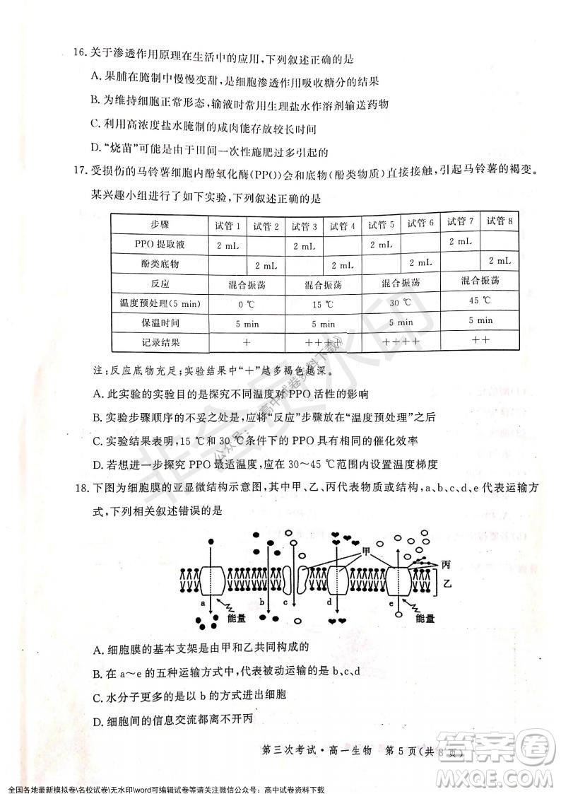 河北部分學(xué)校2021-2022上學(xué)期第三次月考高一生物試題及答案