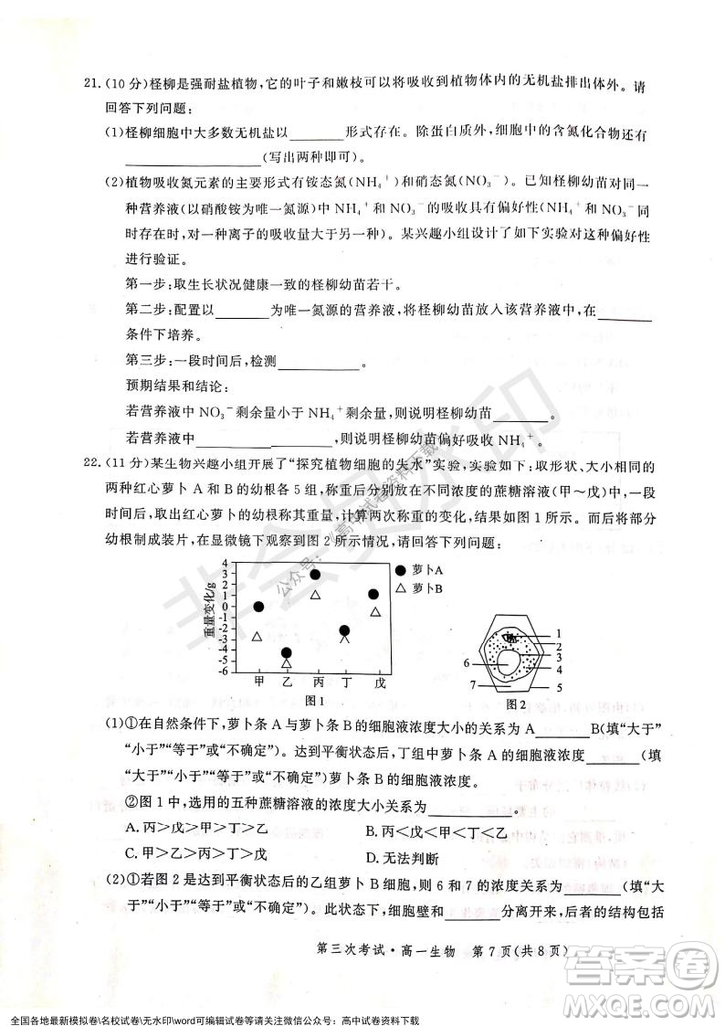 河北部分學(xué)校2021-2022上學(xué)期第三次月考高一生物試題及答案