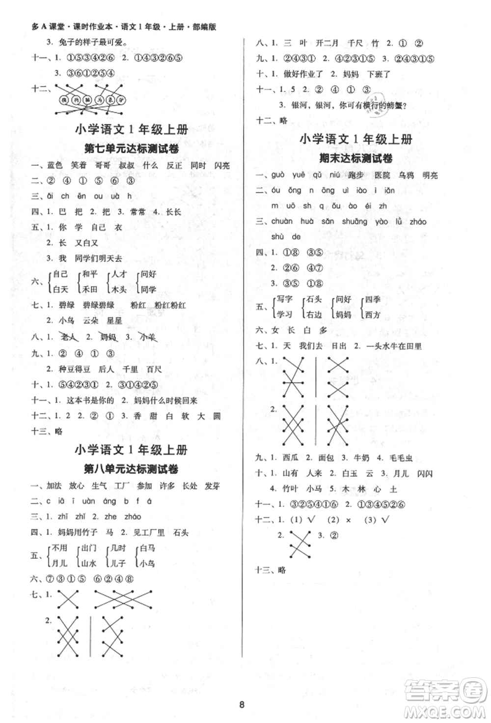 二十一世紀(jì)出版社集團(tuán)2021多A課堂課時廣東作業(yè)本一年級上冊語文部編版參考答案