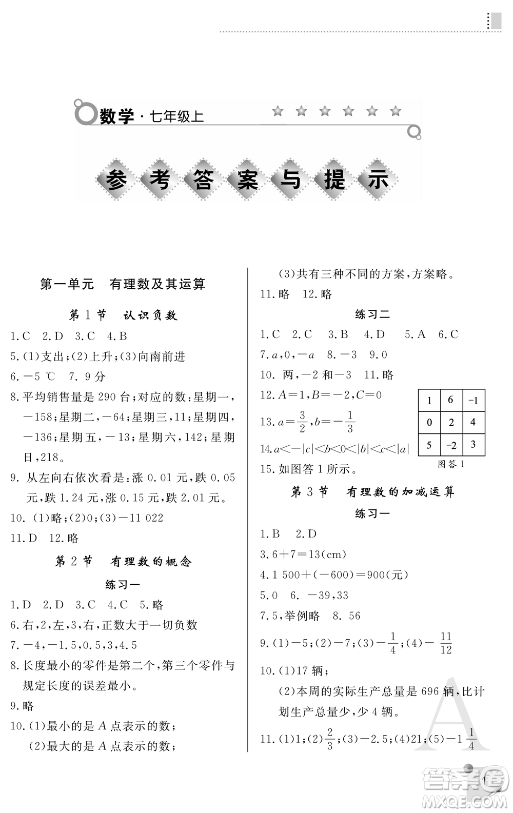 陜西師范大學出版總社2021課堂練習冊七年級數(shù)學上冊A人教版答案