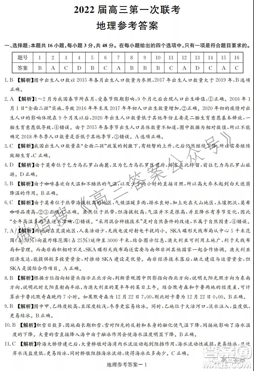 T8聯(lián)考2022屆高三第一次八校聯(lián)考地理答案