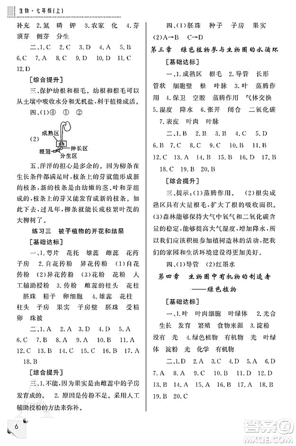 陜西師范大學出版總社2021課堂練習冊七年級生物上冊A人教版答案