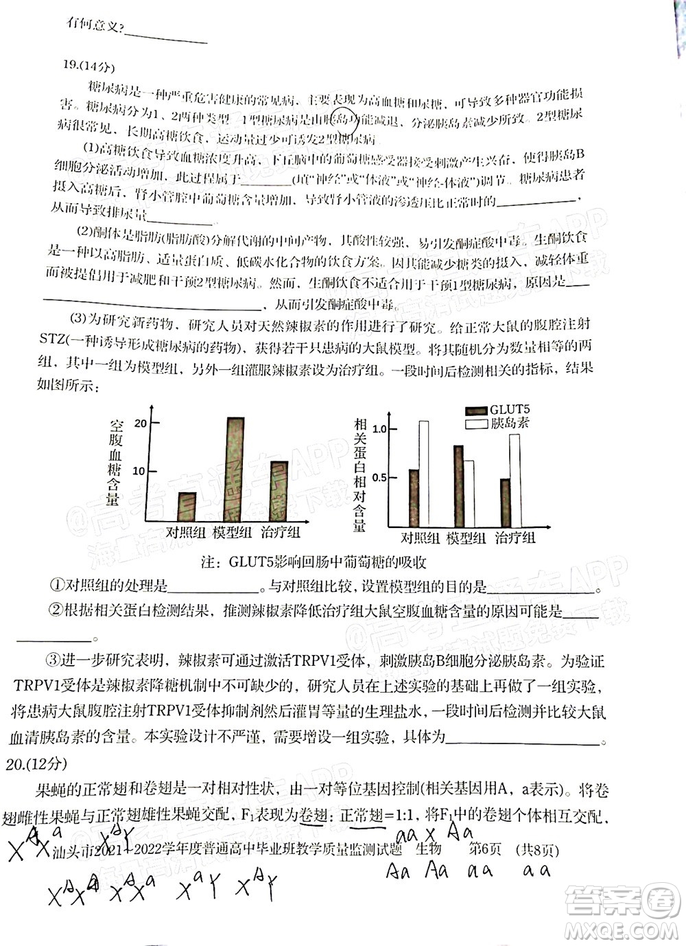 汕頭市2021-2022學(xué)年度普通高中畢業(yè)班教學(xué)質(zhì)量監(jiān)測(cè)試題生物答案