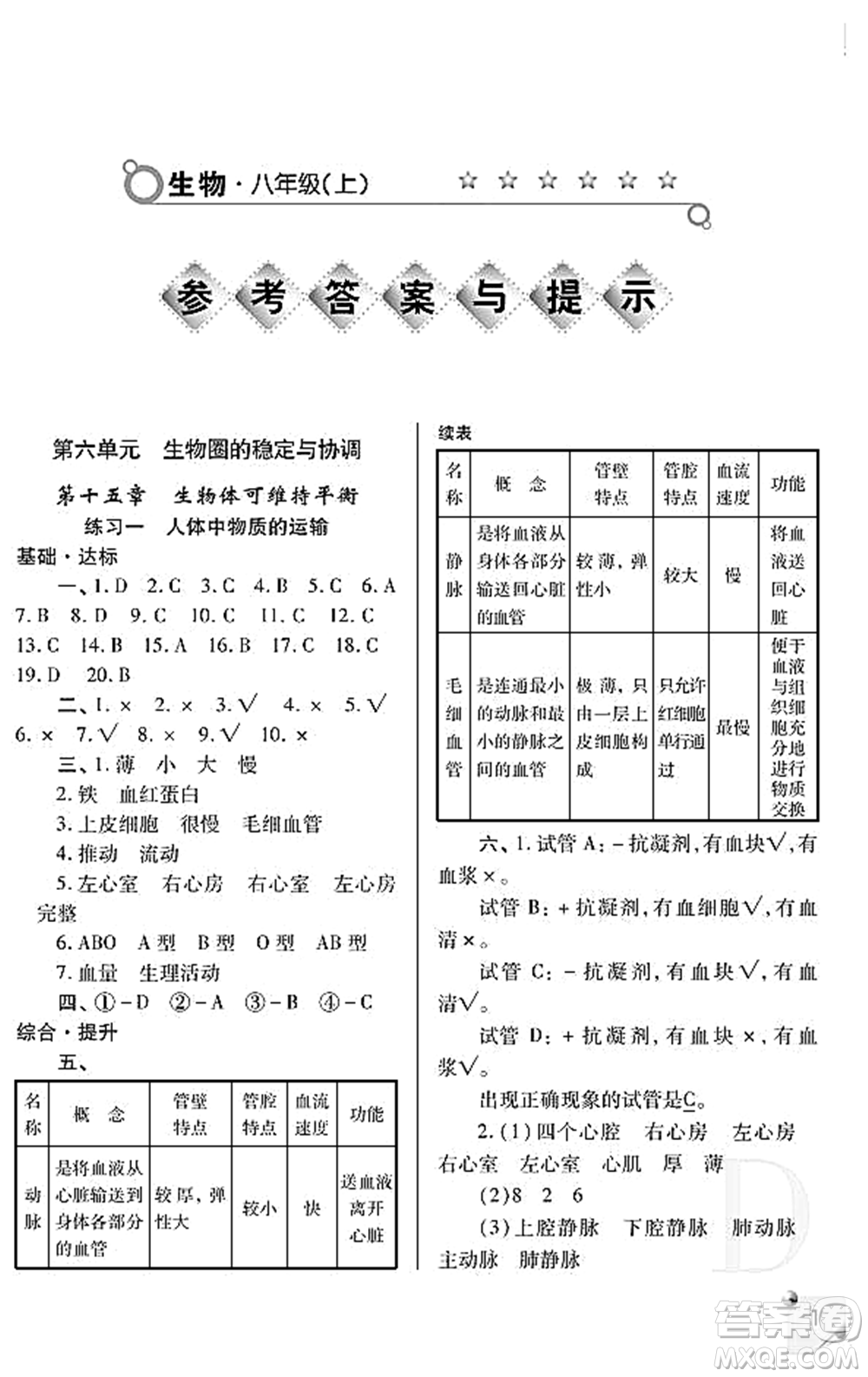 陜西師范大學出版總社2021課堂練習冊八年級生物上冊D蘇科版答案