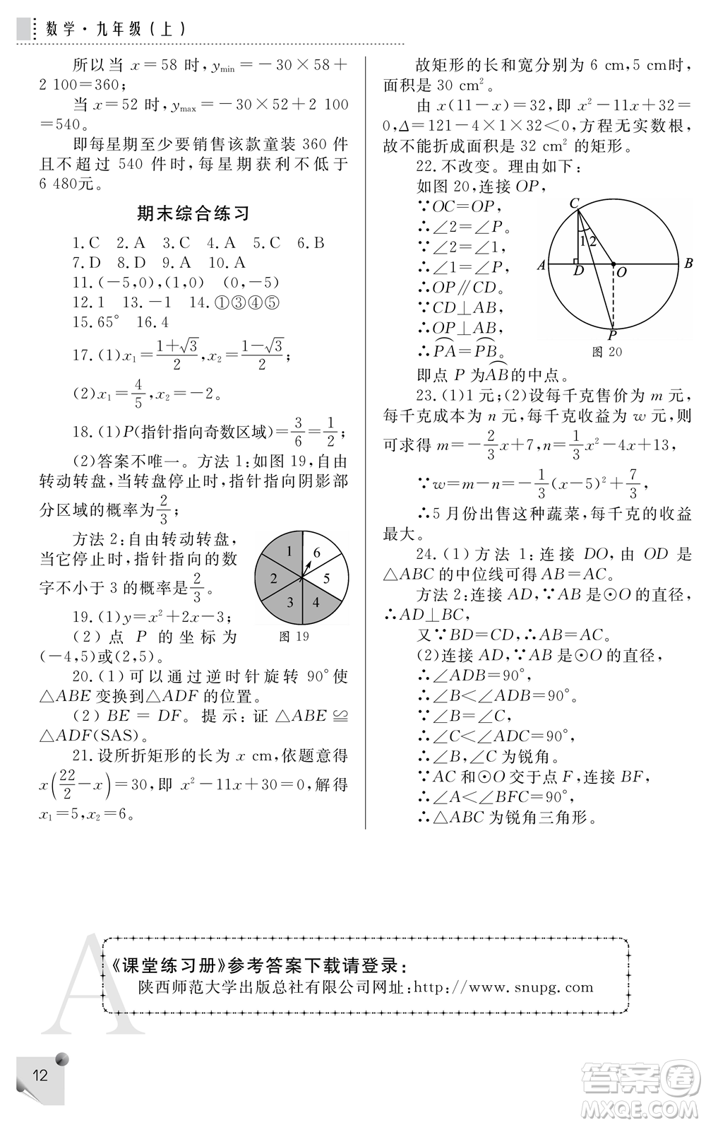 陜西師范大學出版總社2021課堂練習冊九年級數(shù)學上冊A人教版答案