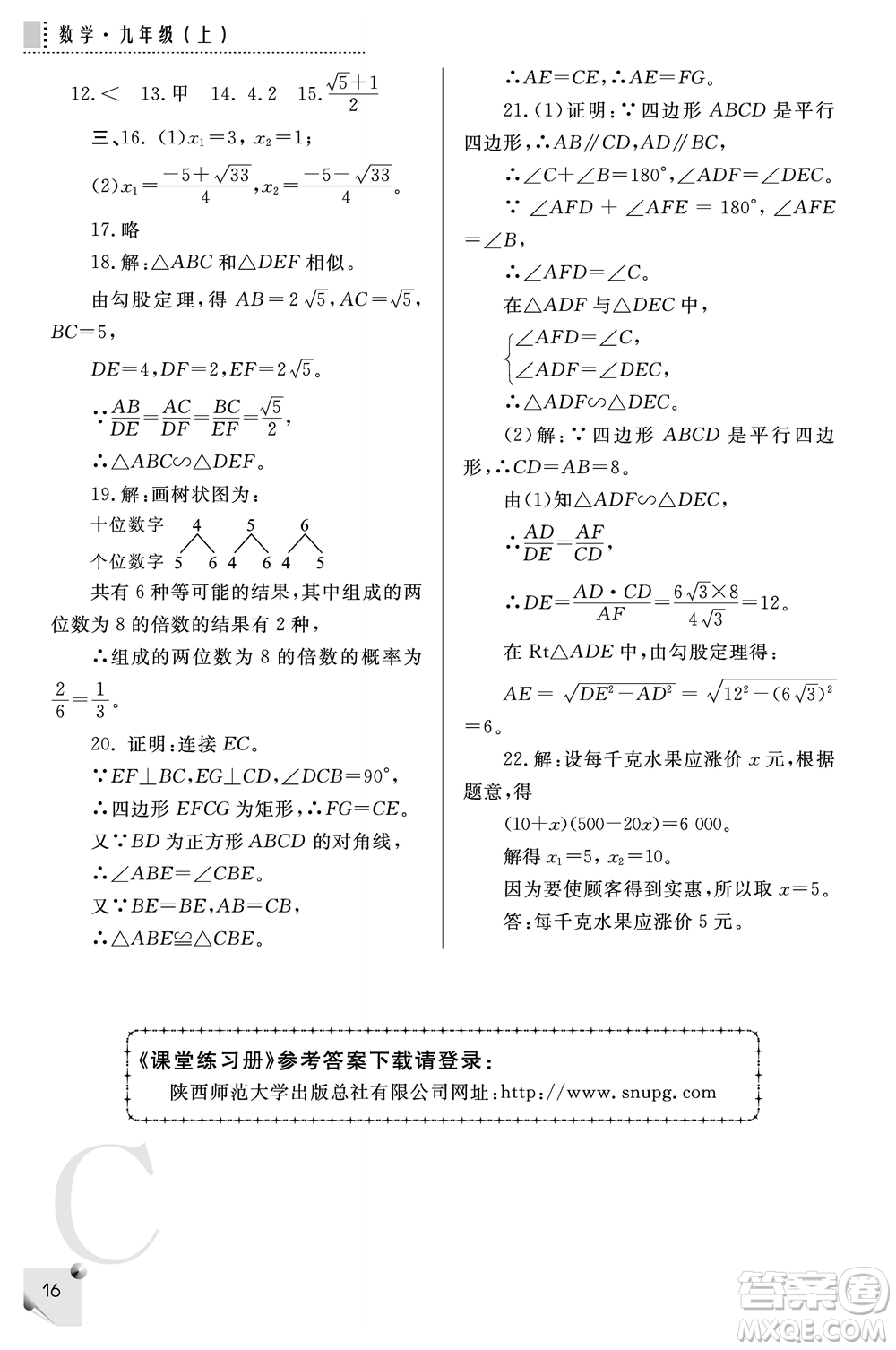 陜西師范大學出版總社2021課堂練習冊九年級數學上冊C北師大版答案