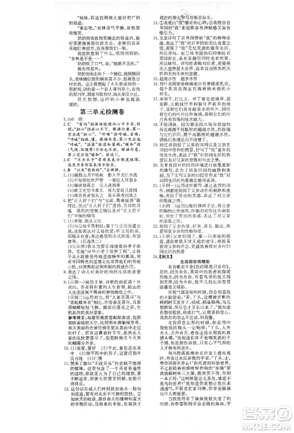 陜西人民教育出版社2021練案五四學(xué)制七年級語文上冊人教版參考答案