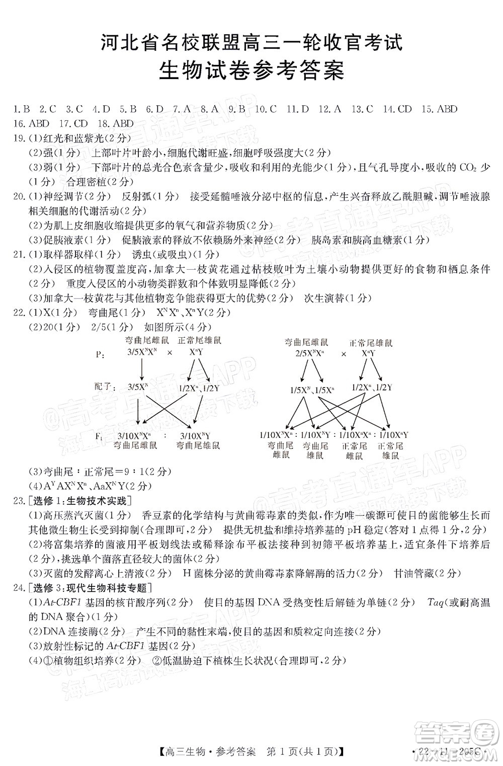 2022屆河北省名校聯(lián)盟高三一輪收官考試生物試題及答案