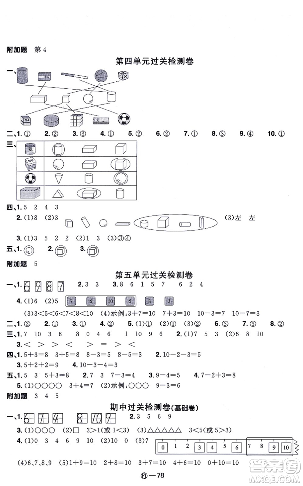 福建少年兒童出版社2021陽光同學一線名師全優(yōu)好卷一年級數(shù)學上冊RJ人教版福建專版答案