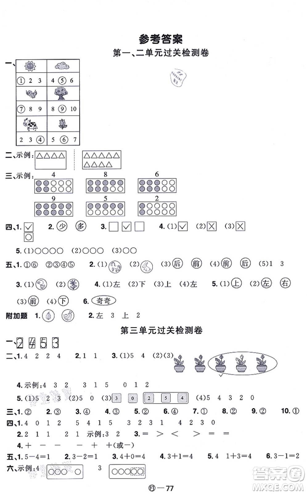 福建少年兒童出版社2021陽光同學一線名師全優(yōu)好卷一年級數(shù)學上冊RJ人教版福建專版答案