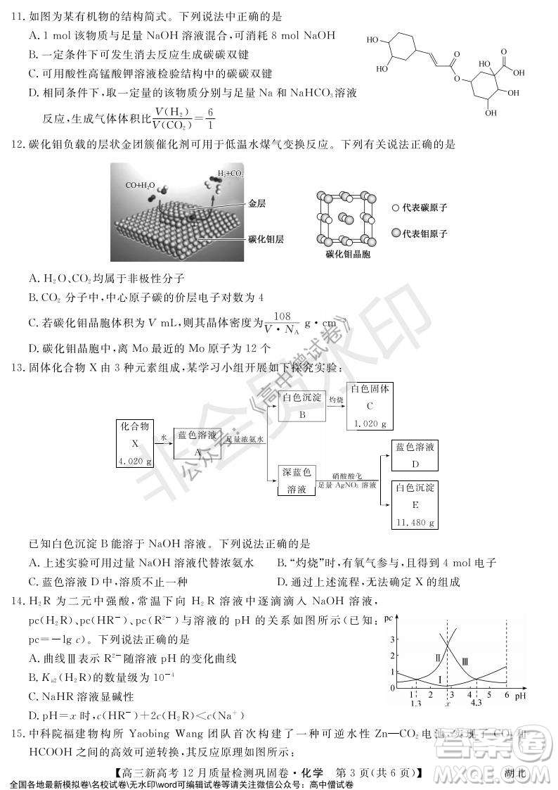 九師聯(lián)盟2021-2022學(xué)年高三新高考12月質(zhì)量檢測(cè)鞏固卷湖北卷化學(xué)試題及答案