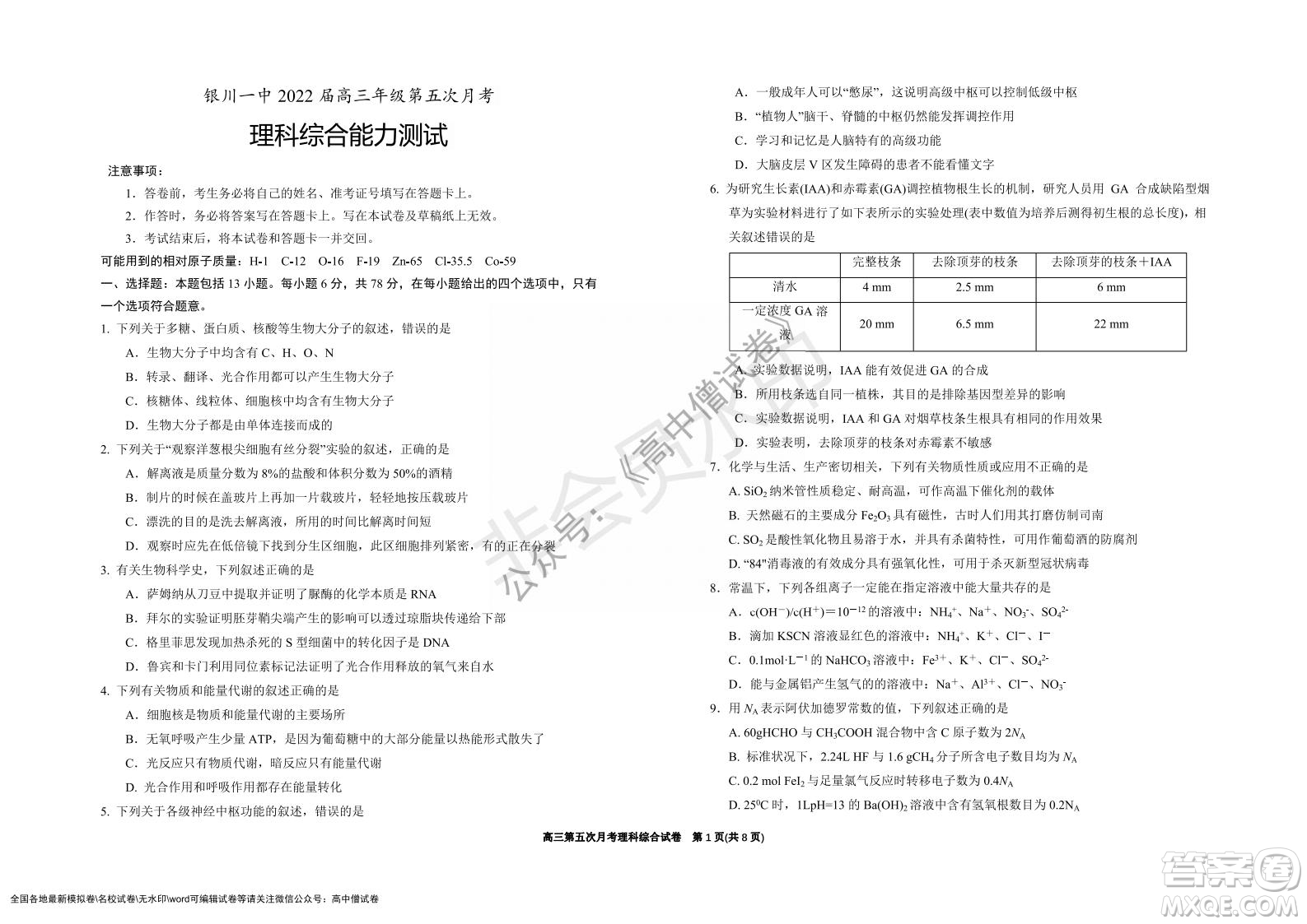 銀川一中2022屆高三年級第五次月考理科綜合試題及答案