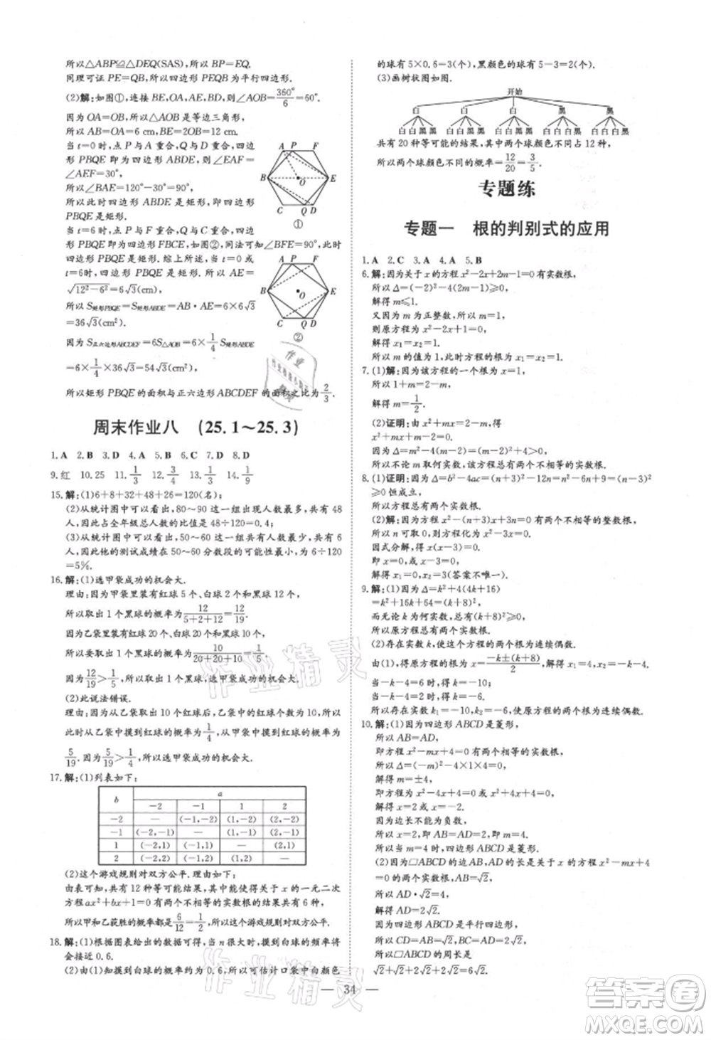 吉林教育出版社2021練案課時(shí)作業(yè)本九年級(jí)數(shù)學(xué)上冊(cè)人教版參考答案