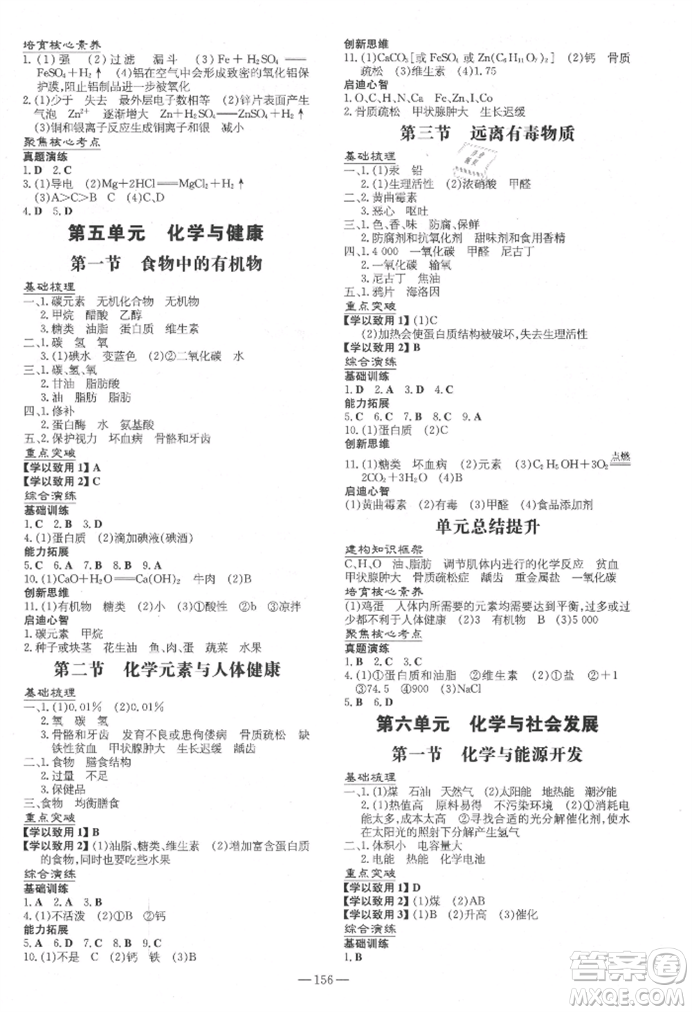 陜西人民教育出版社2021練案五四學(xué)制九年級(jí)化學(xué)魯教版參考答案