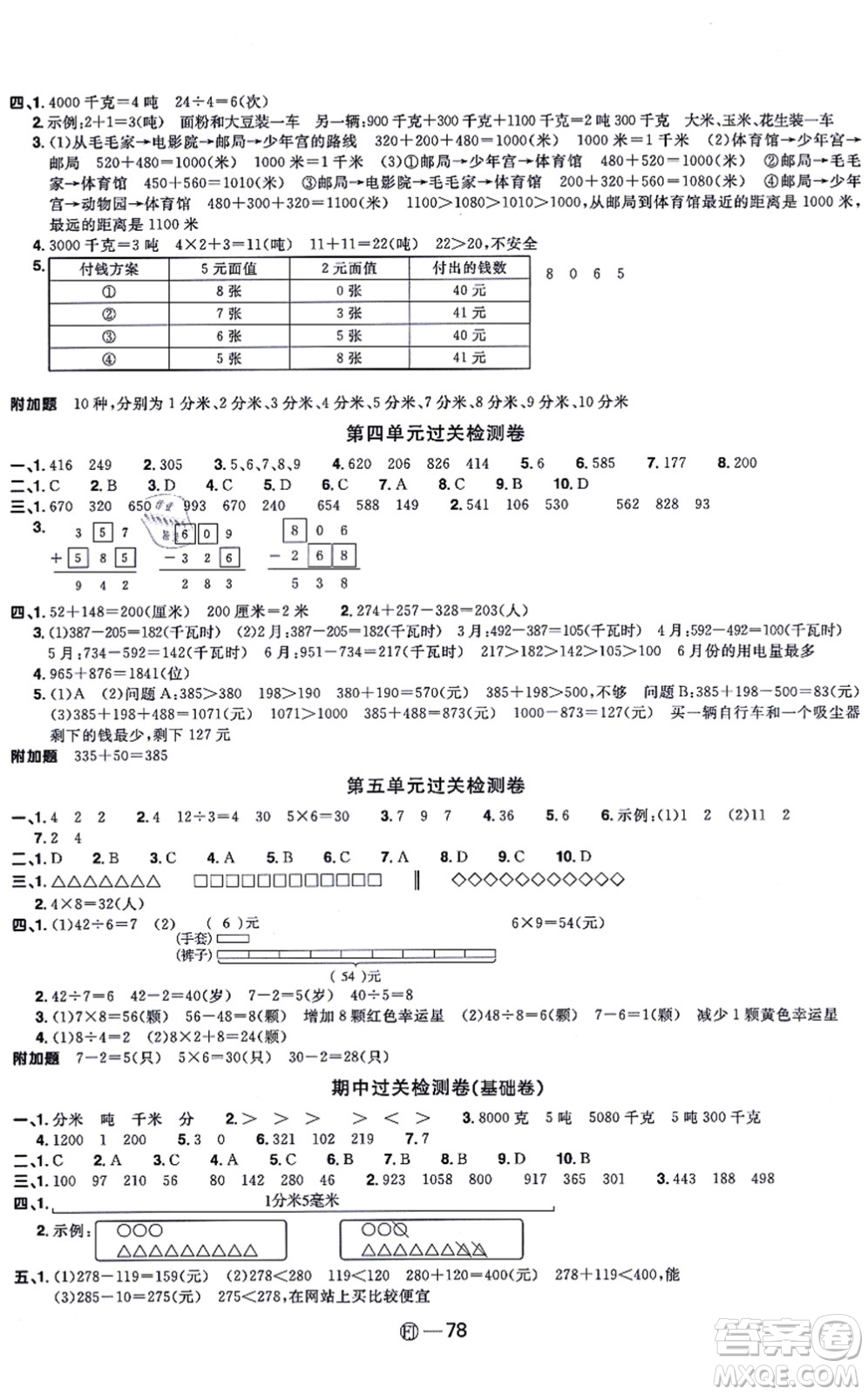 福建少年兒童出版社2021陽(yáng)光同學(xué)一線名師全優(yōu)好卷三年級(jí)數(shù)學(xué)上冊(cè)RJ人教版福建專版答案