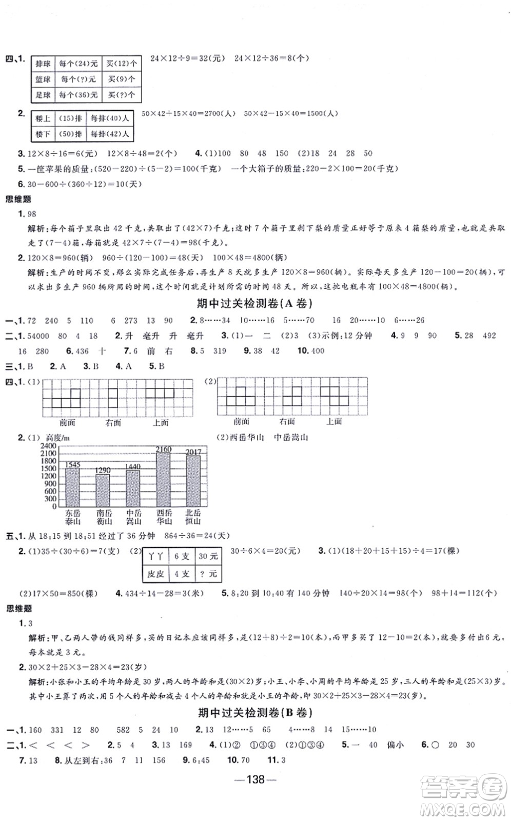 江西教育出版社2021陽光同學一線名師全優(yōu)好卷四年級數學上冊SJ蘇教版答案