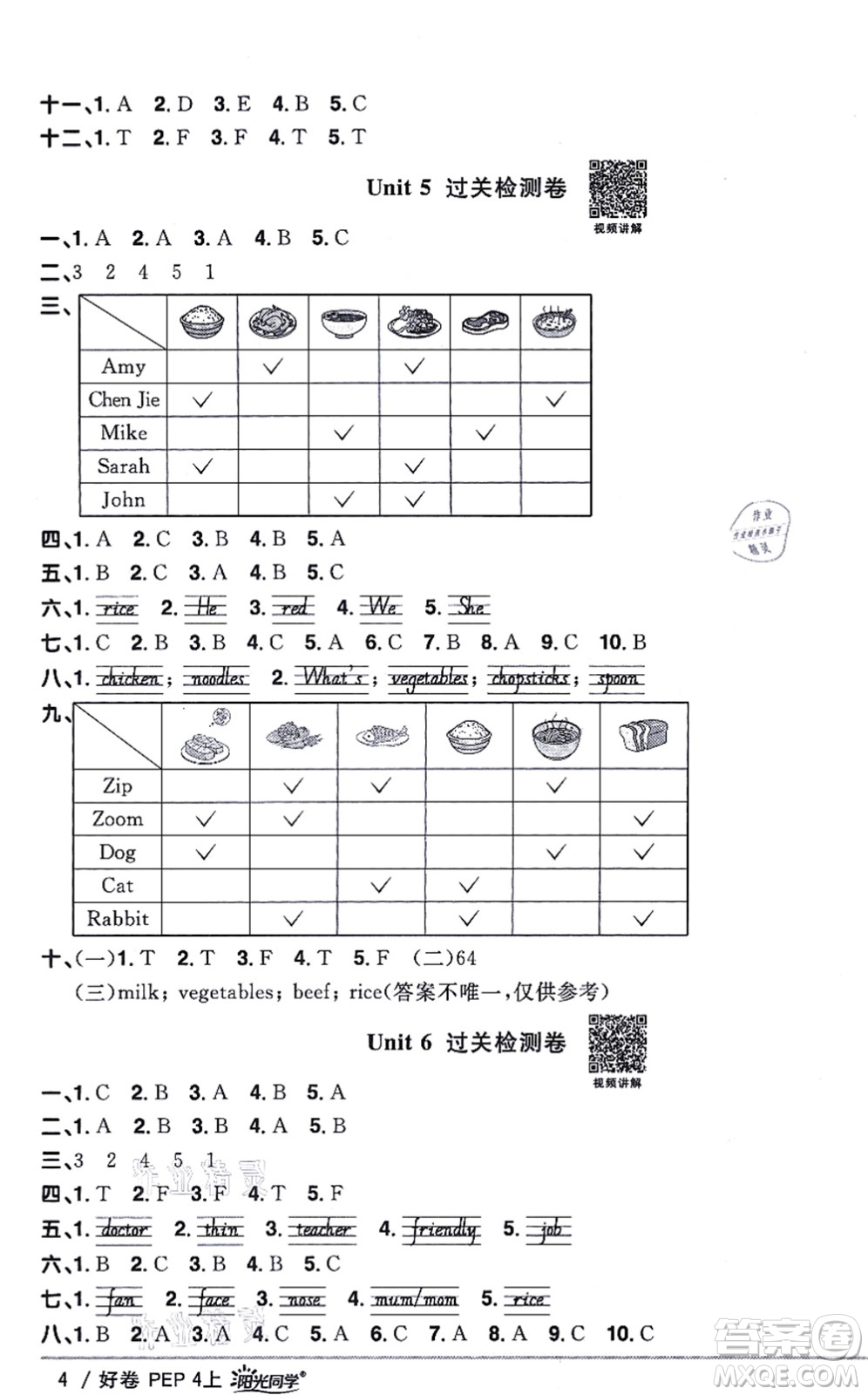 江西教育出版社2021陽光同學一線名師全優(yōu)好卷四年級英語上冊PEP版答案