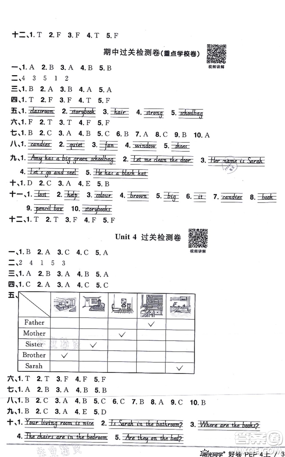 江西教育出版社2021陽光同學一線名師全優(yōu)好卷四年級英語上冊PEP版答案