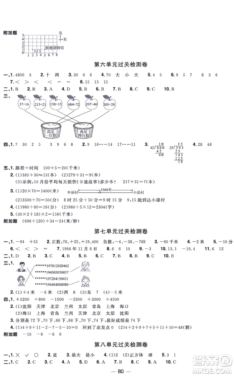 江西教育出版社2021陽光同學(xué)一線名師全優(yōu)好卷四年級數(shù)學(xué)上冊BS北師版福建專版答案