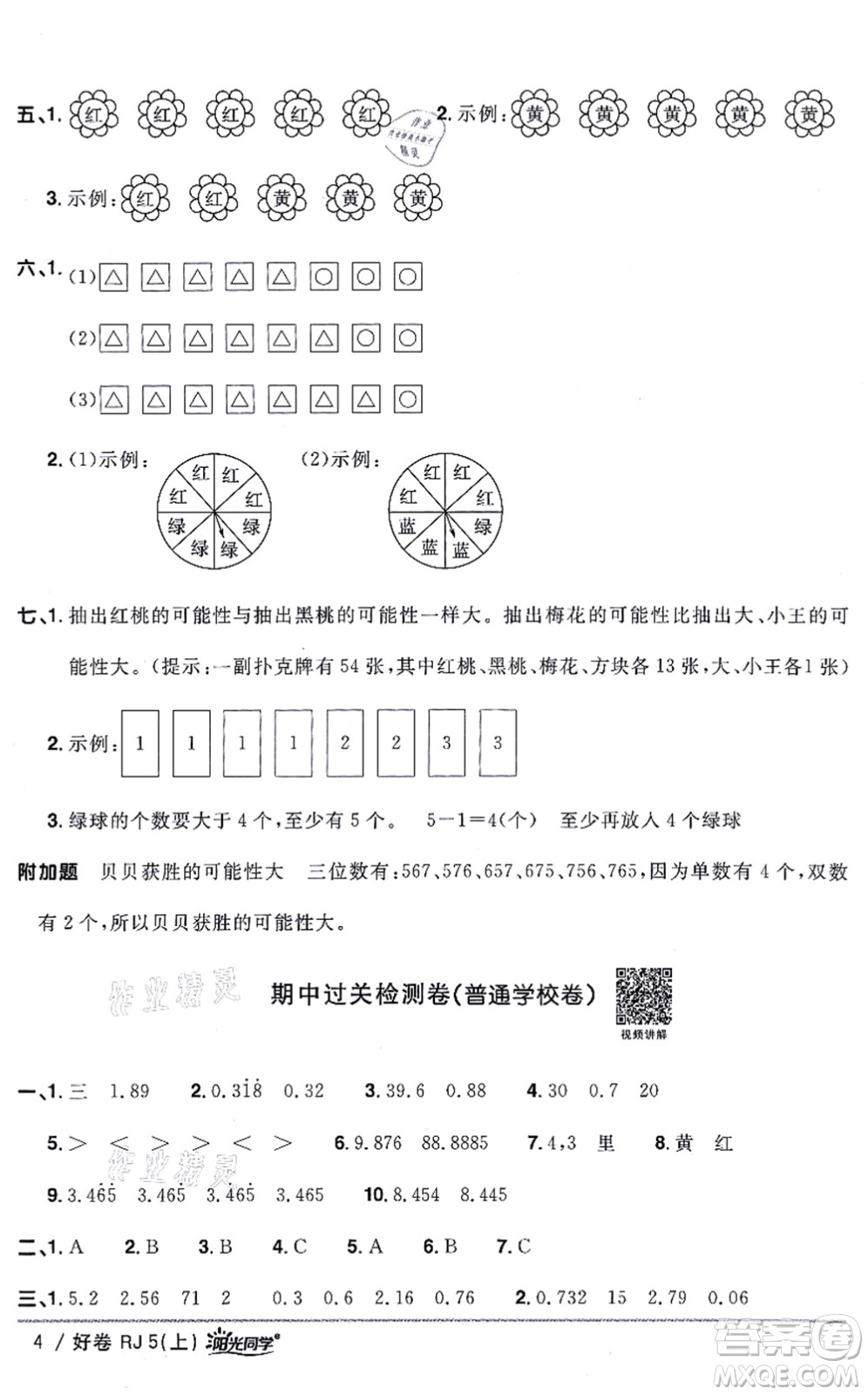 江西教育出版社2021陽光同學(xué)一線名師全優(yōu)好卷五年級數(shù)學(xué)上冊RJ人教版答案