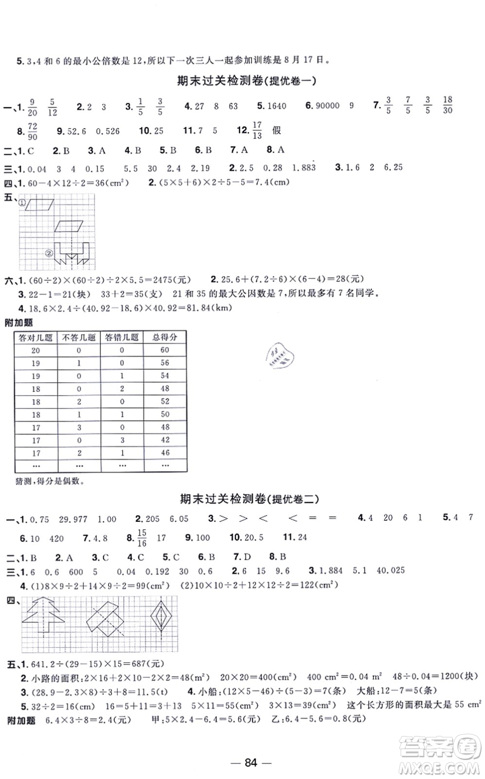 江西教育出版社2021陽光同學(xué)一線名師全優(yōu)好卷五年級(jí)數(shù)學(xué)上冊(cè)BS北師版福建專版答案