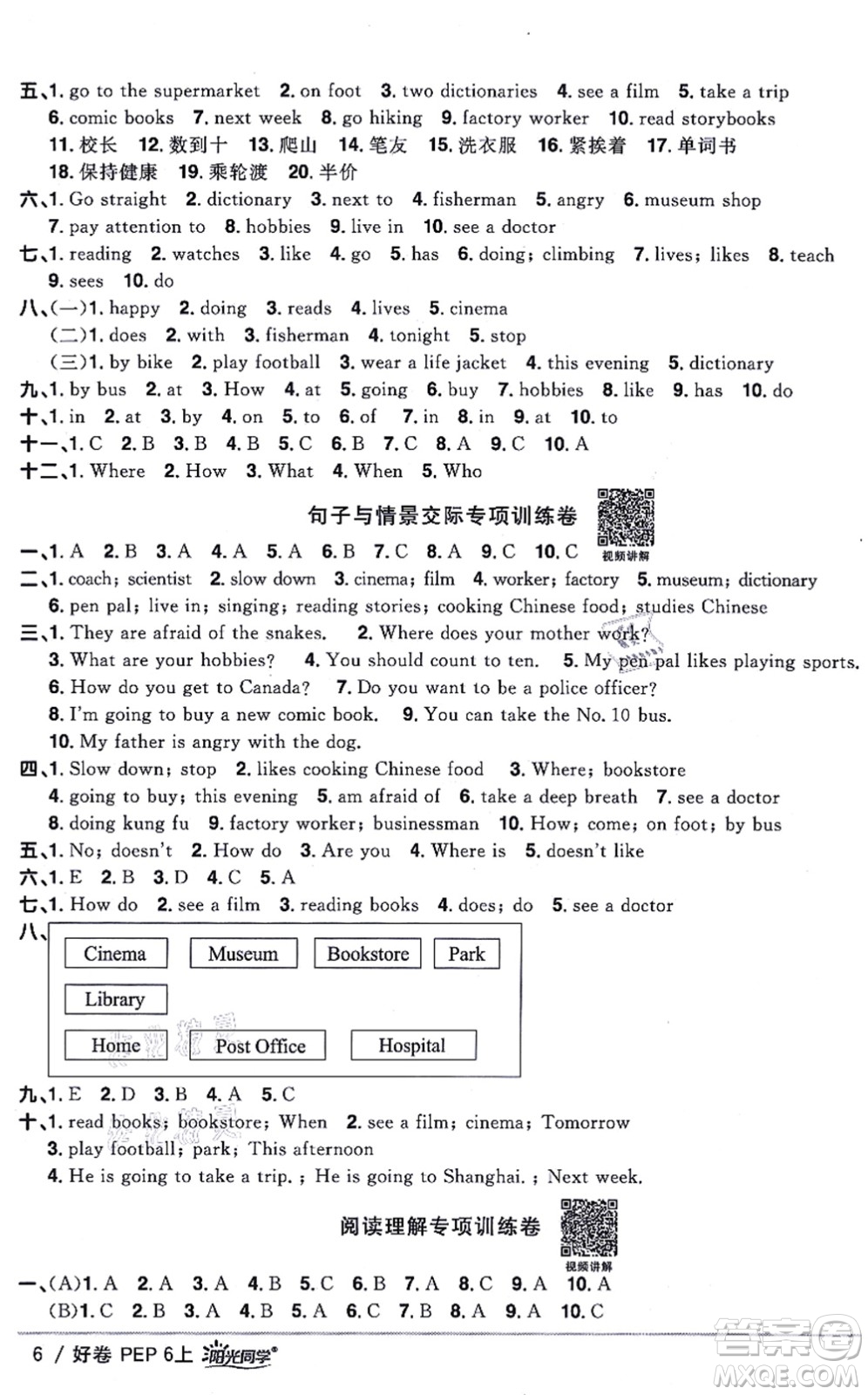 江西教育出版社2021陽光同學一線名師全優(yōu)好卷六年級英語上冊PEP版答案