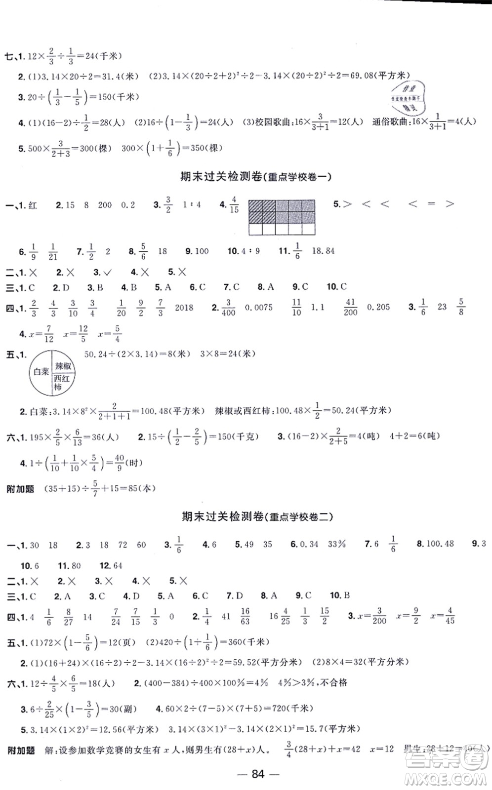 江西教育出版社2021陽光同學(xué)一線名師全優(yōu)好卷六年級數(shù)學(xué)上冊QD青島版答案