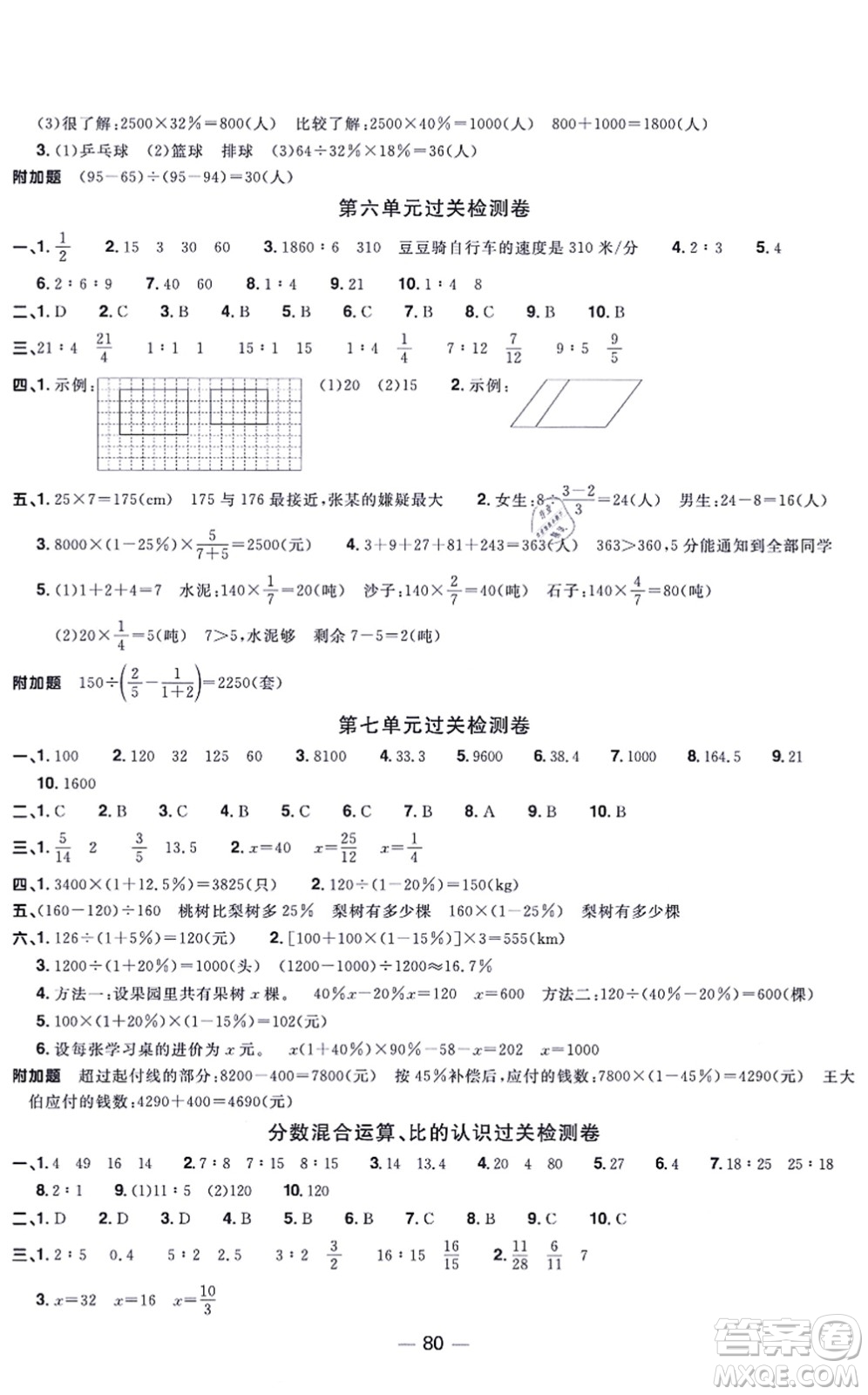 江西教育出版社2021陽光同學(xué)一線名師全優(yōu)好卷六年級數(shù)學(xué)上冊BS北師版福建專版答案