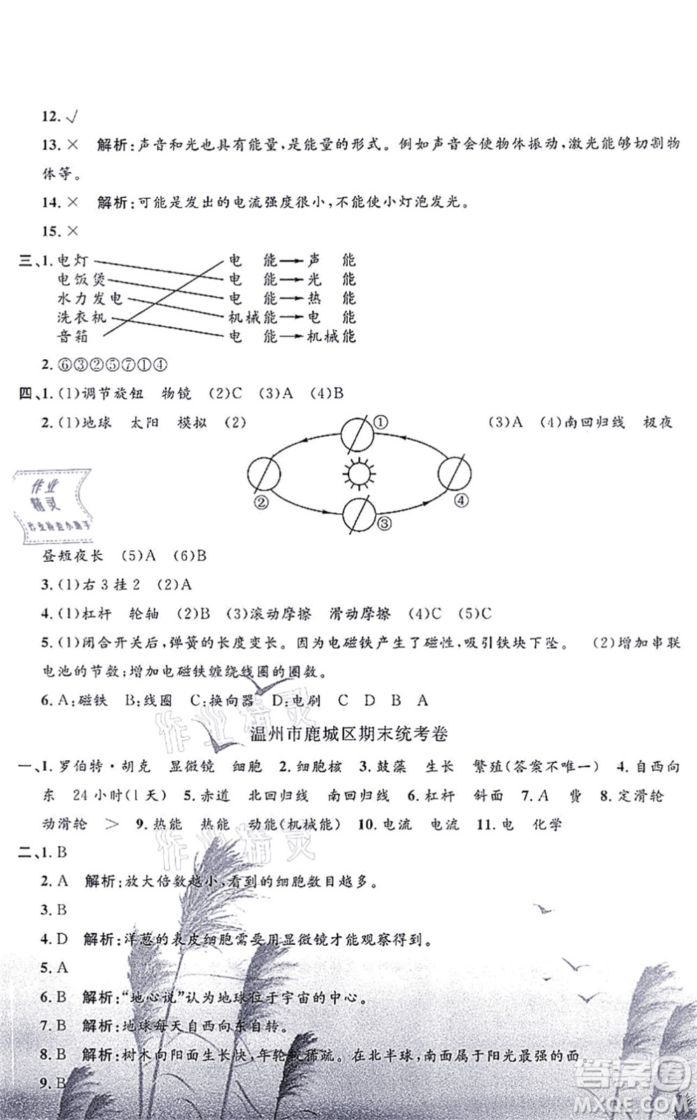 浙江工商大學出版社2021孟建平各地期末試卷精選六年級科學上冊J教科版答案