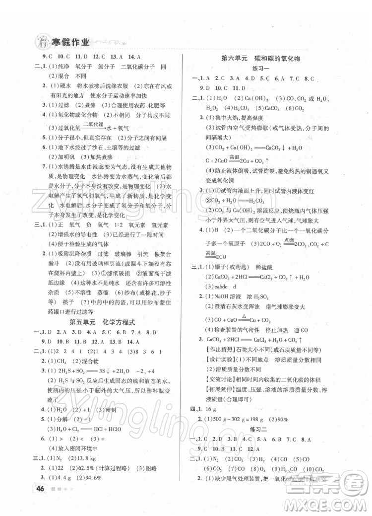 北京教育出版社2022年寒假作業(yè)九年級(jí)化學(xué)通用版參考答案