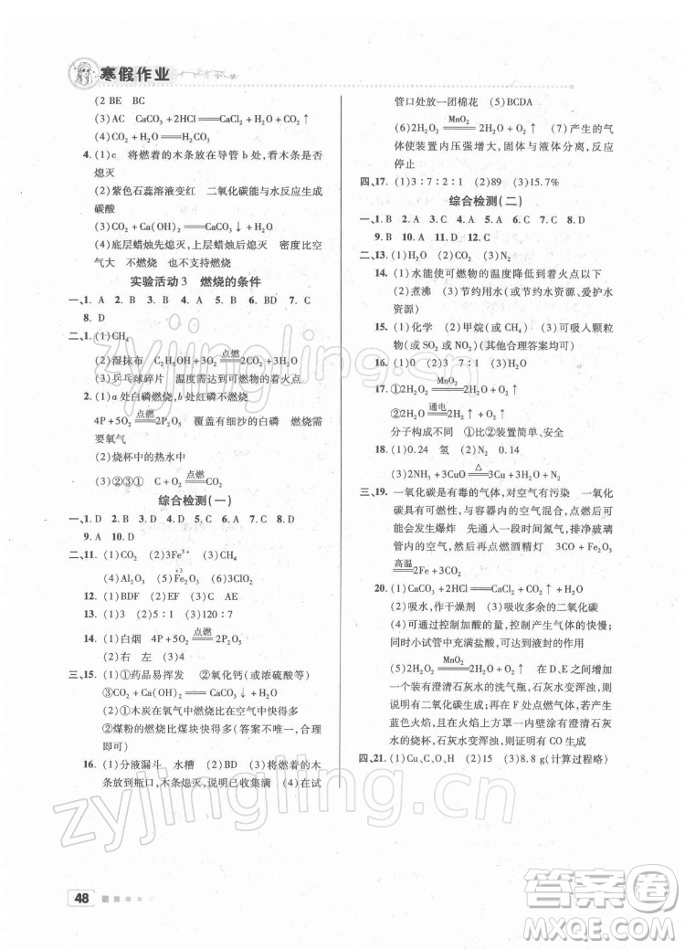 北京教育出版社2022年寒假作業(yè)九年級(jí)化學(xué)通用版參考答案