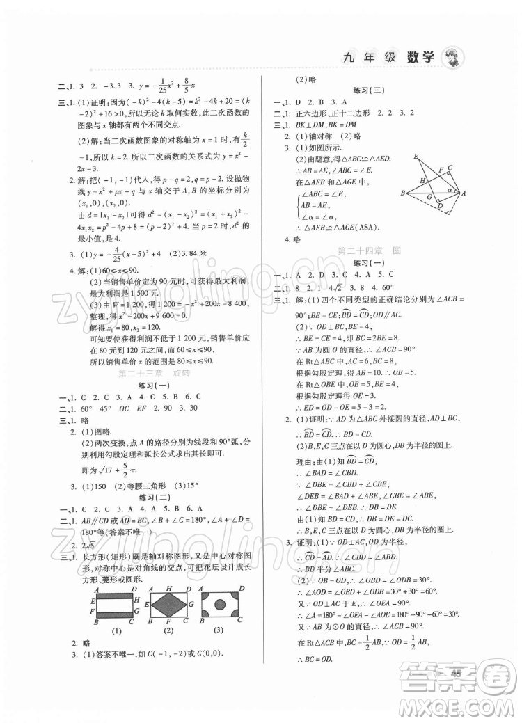 北京教育出版社2022年寒假作業(yè)九年級數(shù)學(xué)通用版參考答案