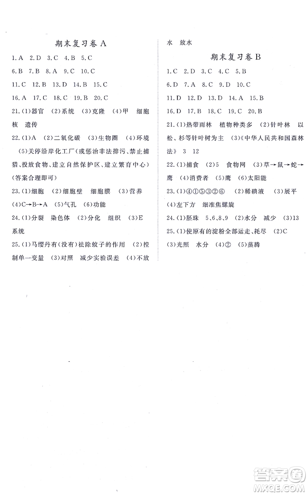 江西人民出版社2021一課一練創(chuàng)新練習(xí)七年級(jí)生物上冊(cè)人教版答案